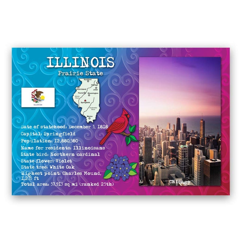 Postcard Fair ILLINOIS STATE FACTS postcard set of 20 identical postcards. Post cards with IL facts and state symbols. Made in USA. - Image 1